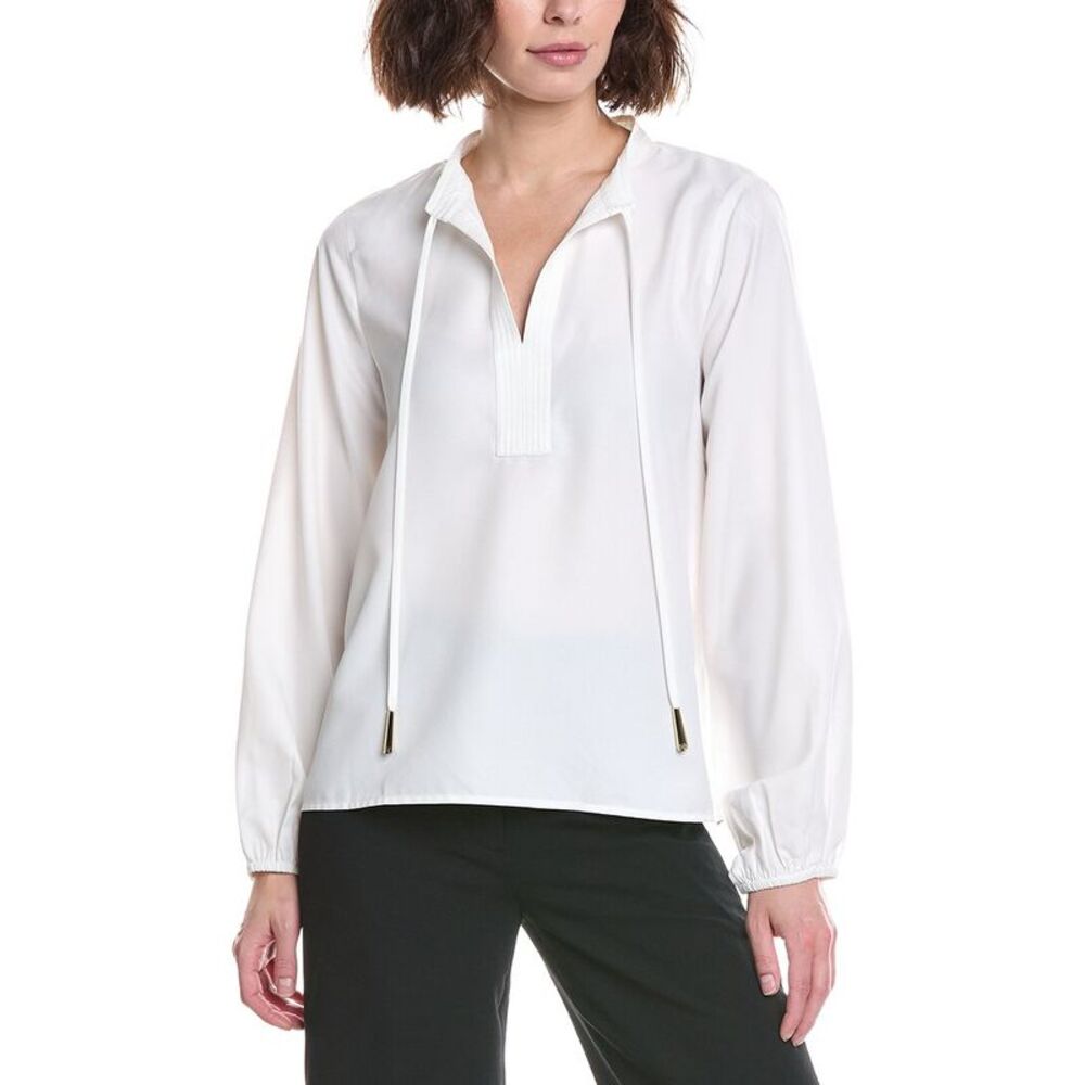 Halston Womens Long Sleeve Tassel Front Blouse